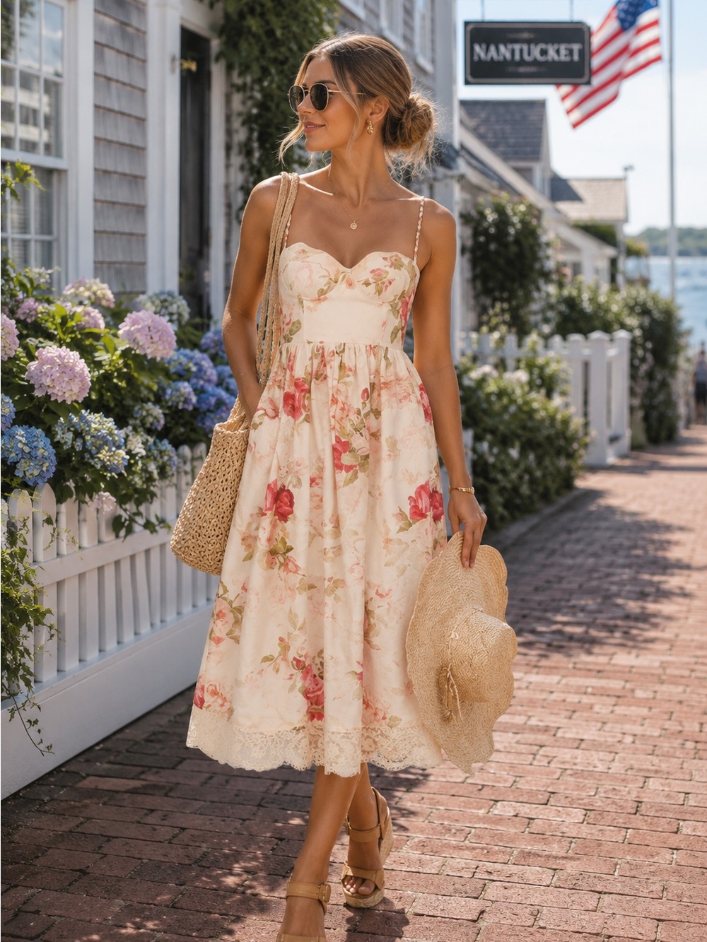 Zimmermann Floral Sweetheart Midi Dress in Cream with Pink Roses AU 0